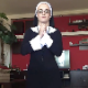 Romanian beauty, Josslyn shows us her religious dedication while dressed as a nun. After saying a prayer, she takes a chunky shit on the floor. and shows us her holy shit. About 6.5 minutes.
